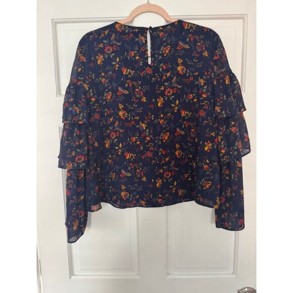 Madewell Climbing Vine Tiered Ruffle Sleeve top, Navy, Large - Picture 3 of 8